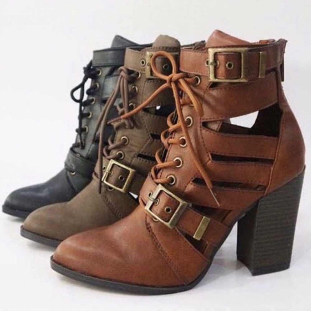 Cut-Out Lace Up High Heeled Ankle Booties Brown Chestnut Women’s Sizes NIB - Picture 12 of 13